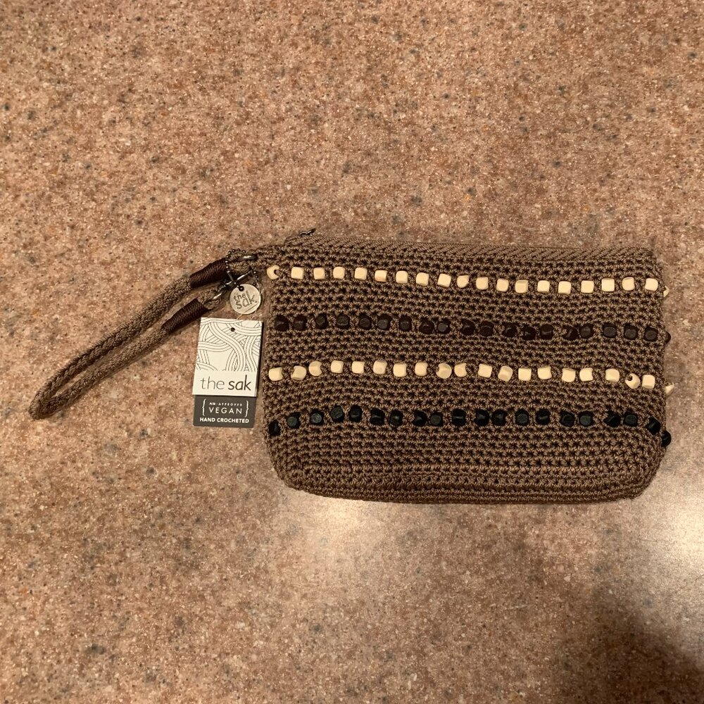 The Sak Beige with Beads Sayulita crochet clutch purse NWT